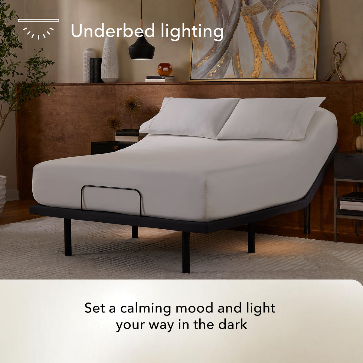 Bed on top of a Baselogic Pearl adjustable base showing the underbed lighting feature in a bedroom setting