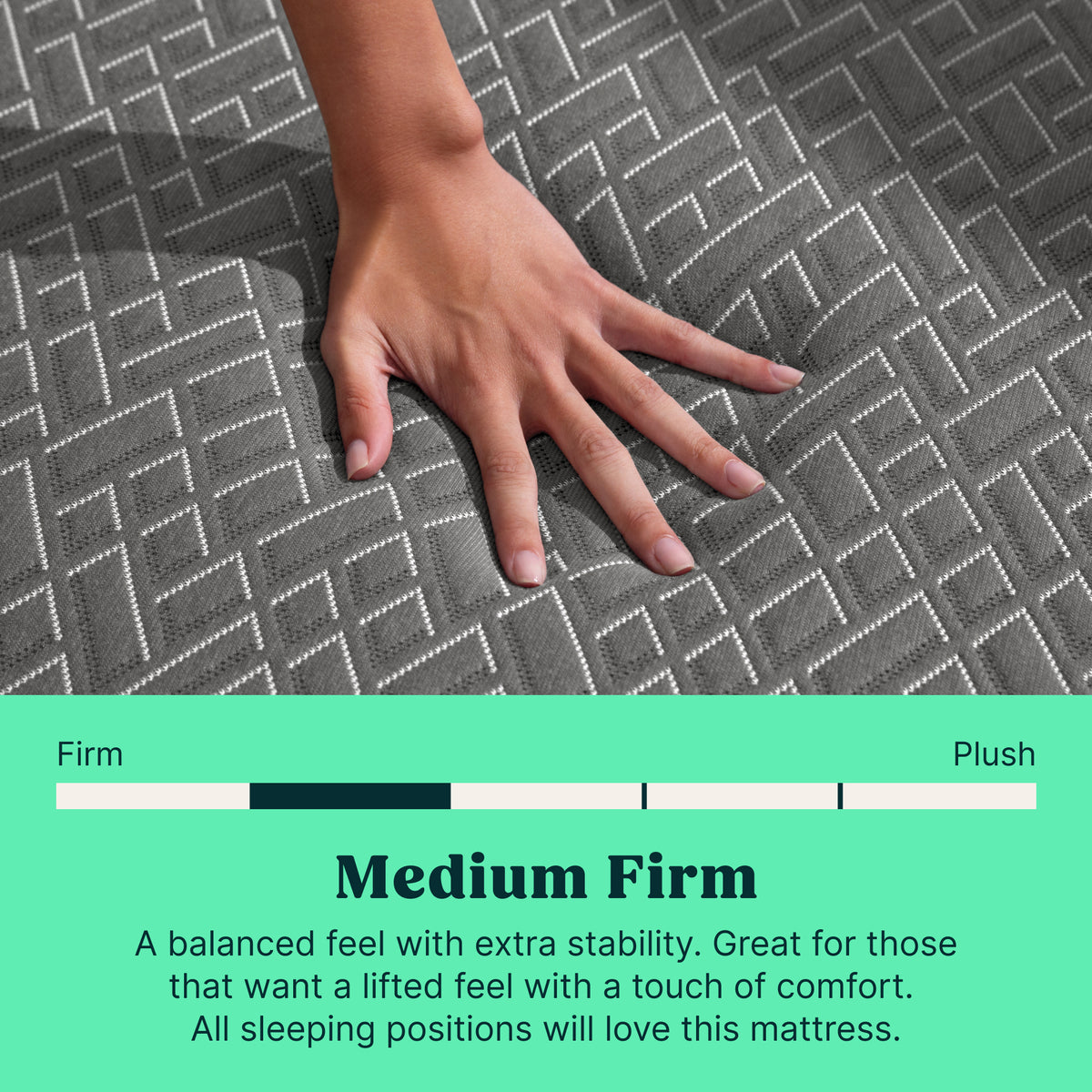A hand pressing firmly on a Tuft and Needle mattress