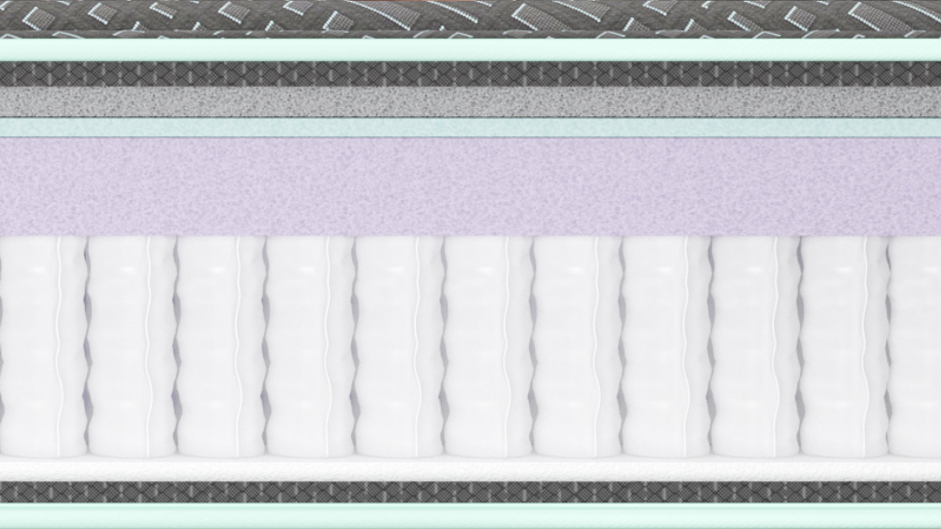 A close-up horizontal view of the Tuft and Needle Foam Mattress and the inner workings of the mattress. A cushion layering, showing white ribbed foam or latex on the bottom, a lavender-purple middle layer, and dark gray and black top and bottom layers.